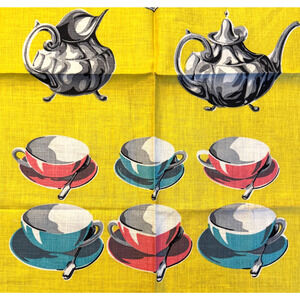 Vintage 1950s Pure Linen Tea Towel Teapot Teacups American Tradition Pewter Dish
